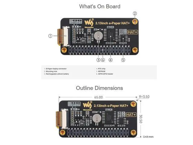 Alt view image 6 of 7 - 2.13inch E-Paper HAT+ for Raspberry Pi 5/ 4B/3B+/3B/2B/A+/Zero W/WH/Zero 2 W/Jetson Nano,250x122 Pixel 2.13inch E-Ink Display HAT Two-Color e-paper ModuleSPI Interface