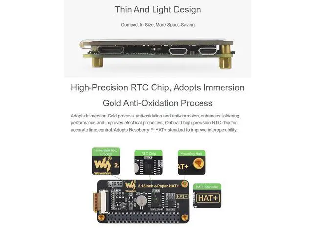 Alt view image 5 of 7 - 2.13inch E-Paper HAT+ for Raspberry Pi 5/ 4B/3B+/3B/2B/A+/Zero W/WH/Zero 2 W/Jetson Nano,250x122 Pixel 2.13inch E-Ink Display HAT Two-Color e-paper ModuleSPI Interface