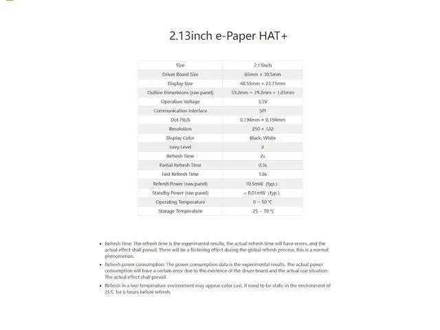 Alt view image 7 of 7 - 2.13inch E-Paper HAT+ for Raspberry Pi 5/ 4B/3B+/3B/2B/A+/Zero W/WH/Zero 2 W/Jetson Nano,250x122 Pixel 2.13inch E-Ink Display HAT Two-Color e-paper ModuleSPI Interface