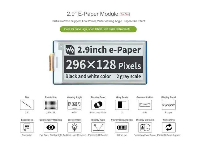 Alt view image 3 of 7 - 2.9inch E-Ink Display HAT 296×128 Pixels Black White Two Color E-Paper Module epaper Screen for Raspberry Pi Pico Microcontroller Board,SPI Interface,Support Partial Refresh