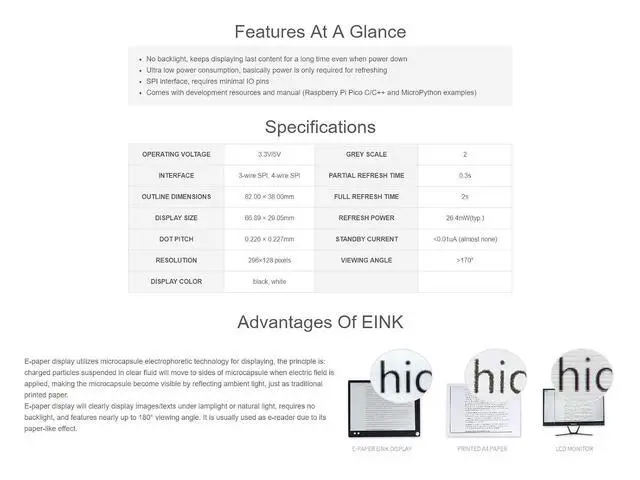 Alt view image 4 of 7 - 2.9inch E-Ink Display HAT 296×128 Pixels Black White Two Color E-Paper Module epaper Screen for Raspberry Pi Pico Microcontroller Board,SPI Interface,Support Partial Refresh