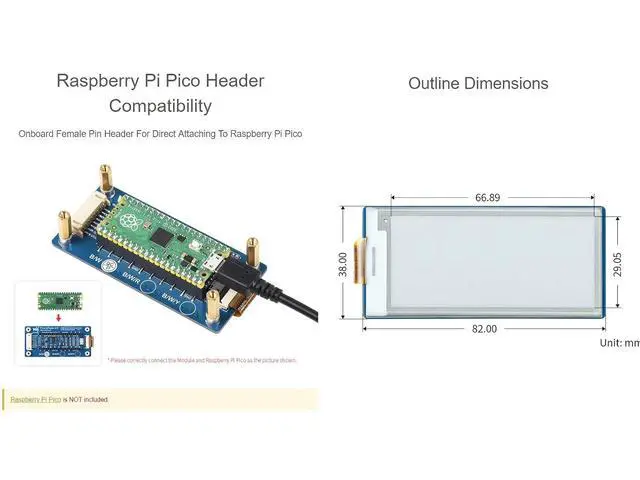Alt view image 5 of 7 - 2.9inch E-Ink Display HAT 296×128 Pixels Black White Two Color E-Paper Module epaper Screen for Raspberry Pi Pico Microcontroller Board,SPI Interface,Support Partial Refresh