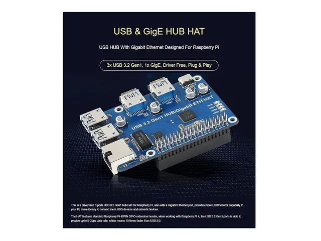 Alt view image 2 of 7 - USB 3.2 Gen1 and Gigabit Ethernet HUB HAT for Raspberry Pi 4 B 3 B+ 3 B 2B Zero Zero 2 W Zero WH,3X USB 3.2 Gen1 Ports, 1x Gigabit Ethernet Port,Compatible with USB 3.0/2.0/1.1