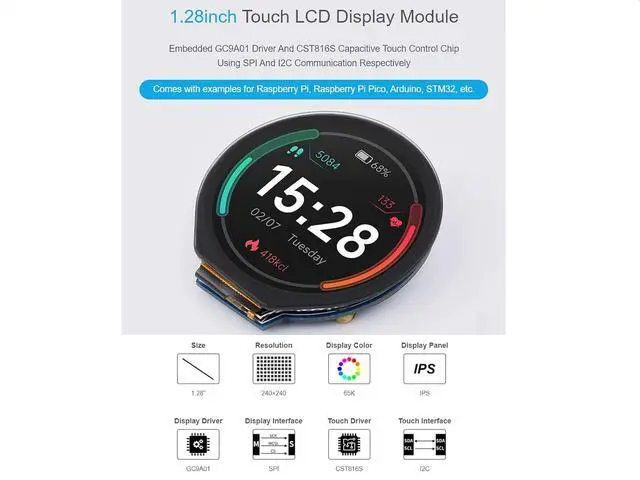 Alt view image 2 of 7 - 1.28inch Round Touch LCD Display Module 240×240 Resolution 65K RGB LCD for Raspberry Pi,Raspberry Pi Pico,Arduino, STM32,Embedded GC9A01 Driver, CST816S Capacitive Touch Control Chip