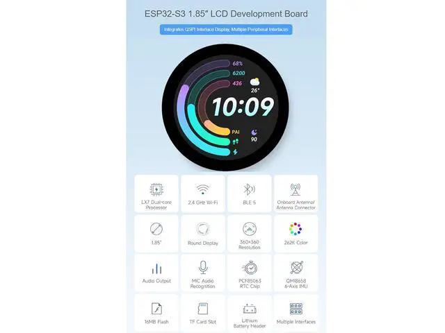 Alt view image 2 of 7 - ESP32-S3 1.85inch Round Touch Display Development Board 360×360 Resolution 262K Color LCD Screen, 32-bit LX7 Dual-core Processor,Supports WiFi & Bluetooth