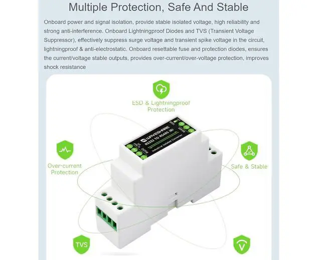Alt view image 4 of 7 - RS232 to RS485 Converter Adapter (B), Rail-Mount Active Digital Isolator Serial Converter,Serial Port Conversion for Industrial, Agricultural, IoT,600W Lightningproof & Anti-Surge