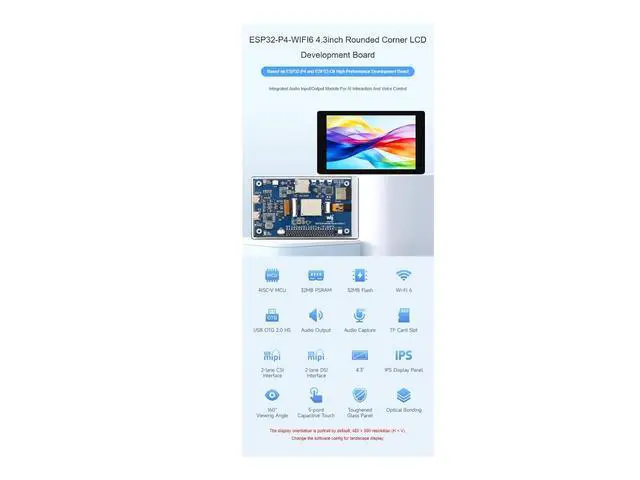 Alt view image 2 of 6 - ESP32-P4-WIFI6 4.3inch LCD Development Board,480×800 Resolution 5-Point Capacitive Touch Display,Based on ESP32-P4 and ESP32-C6,Supports AI Speech Interaction