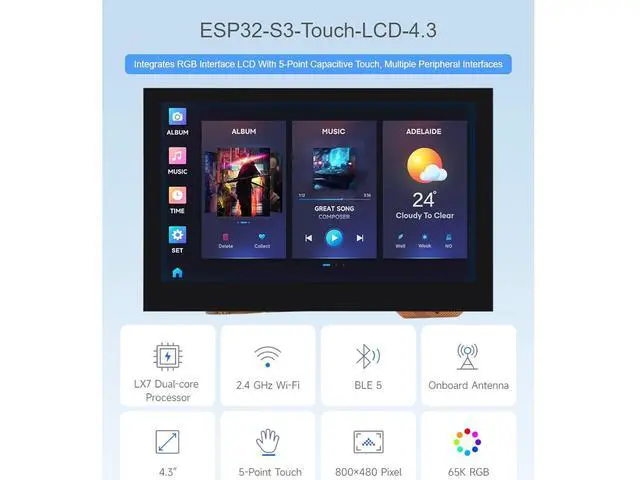 Alt view image 2 of 7 - ESP32-S3 4.3inch Capacitive Touch LCD Development Board with 2.4GHz WiFi and BLE 5 Support,32-bit LX7 Dual-core ProcessorOnboard CAN, RS485, I2C Interface