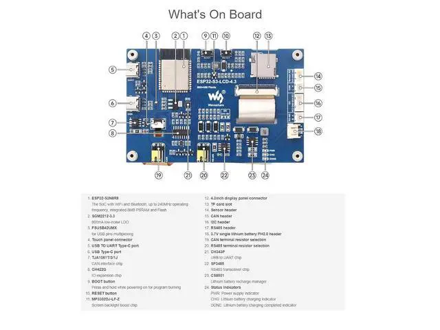 Alt view image 6 of 7 - ESP32-S3 4.3inch Capacitive Touch LCD Development Board with 2.4GHz WiFi and BLE 5 Support,32-bit LX7 Dual-core ProcessorOnboard CAN, RS485, I2C Interface
