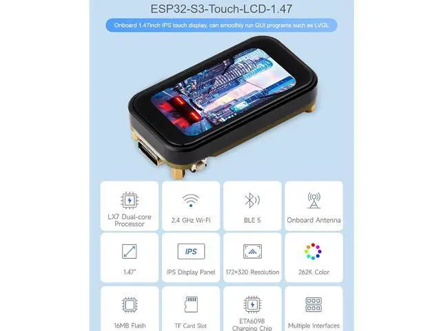 Alt view image 2 of 7 - ESP32-S3 1.47inch Touch Display Development Board with pre-soldered Header,172×320 Resolution 262K Color RGB LED,Supports 2.4GHz Wi-Fi/BLE 5