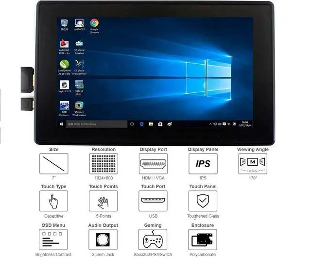 Alt view image 2 of 7 - 7inch HDMI LCD (H) (with case) 1024x600 for Raspberry Pi IPS Display Capacitive Touch Screen Monitor with Toughened Glass Cover Case for Raspberry Pi 4/3/2/1 B B+ A+/Jetson Nano/Windows 10