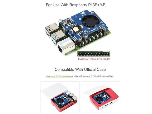 Alt view image 4 of 6 - PoE HAT for Raspberry Pi 4 B/3 B+,Power Over Ethernet HAT (D) with Fan,Support IEEE 802.3af Network,Compatible with Raspberry Pi Official 4B Case