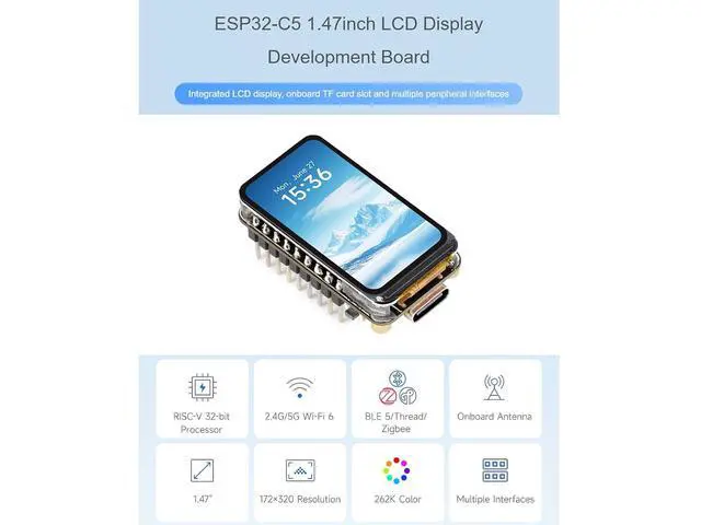 Alt view image 2 of 7 - ESP32-C5 1.47inch LCD Display Development Board ,262K Color Display | with Pre-soldered Headers,172×320 Resolution, 2.4GHz/5GHz Wi-Fi 6 and Bluetooth 5 (LE) ,RISC-V 32-bit Processor