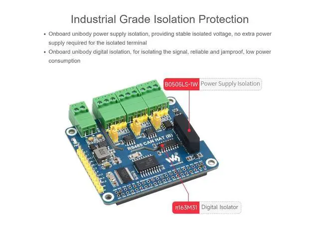 Alt view image 3 of 7 - 2-Channel RS485 and 1-Channel CAN Expansion Board Isolated RS485 CAN HAT (B) for Raspberry Pi 4B/3B+/3B/2B/B+/A+/Zero W/Zero WH,Multiple Protection Circuits,SPI Communication
