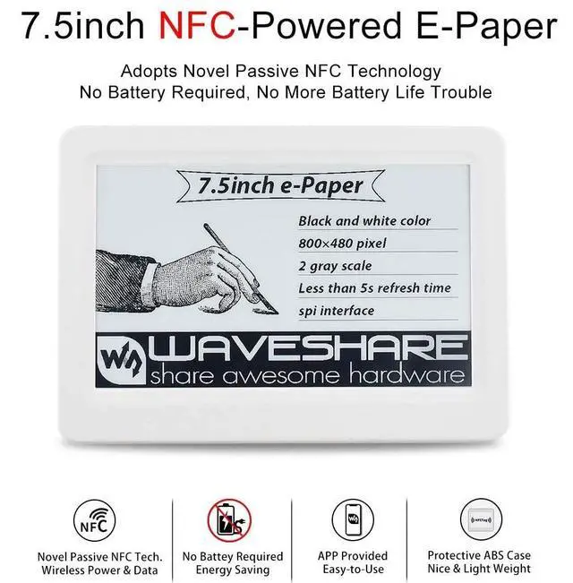 Alt view image 2 of 7 - 7.5inch Passive NFC-Powered e-Paper Display V2 Black/White e-Ink Screen, Wireless Powering and Data Transfer No Battery Required, Refresh by Smartphone with NFC Function or NFC Reader