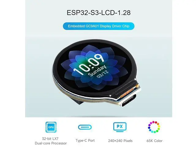 Alt view image 3 of 7 - ESP32-S3 Development Board Onboard 1.28inch Round LCD Display,32-bit LX7 Dual-core Processor,Support 2.4 GHz Wi-Fi and Bluetooth 5(LE),Embedded GC9A01 Driver Chip