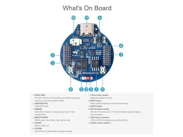 Alt view image 5 of 7 - ESP32-S3 Development Board Onboard 1.28inch Round LCD Display,32-bit LX7 Dual-core Processor,Support 2.4 GHz Wi-Fi and Bluetooth 5(LE),Embedded GC9A01 Driver Chip