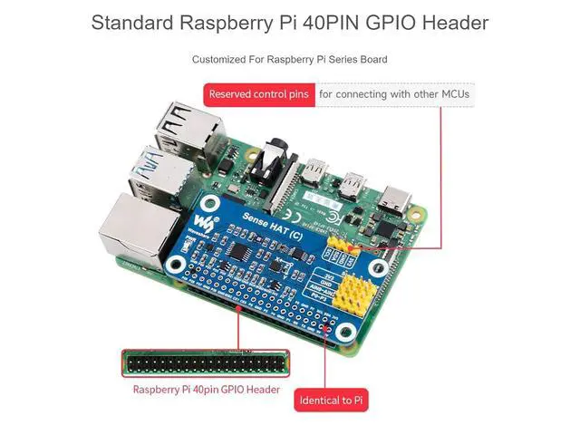 Alt view image 3 of 7 - Sense HAT (C) for Raspberry Pi 4/3 B+/3 B/2 B/B+/3 A+/A+/Zero/Zero W Onboard Multi Powerful Sensors Supports External Sensor with 40PIN GPIO Extension Header and I2C Interface