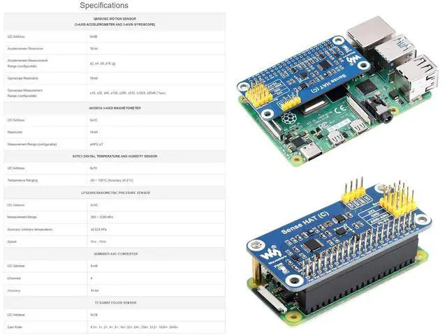 Alt view image 4 of 7 - Sense HAT (C) for Raspberry Pi 4/3 B+/3 B/2 B/B+/3 A+/A+/Zero/Zero W Onboard Multi Powerful Sensors Supports External Sensor with 40PIN GPIO Extension Header and I2C Interface