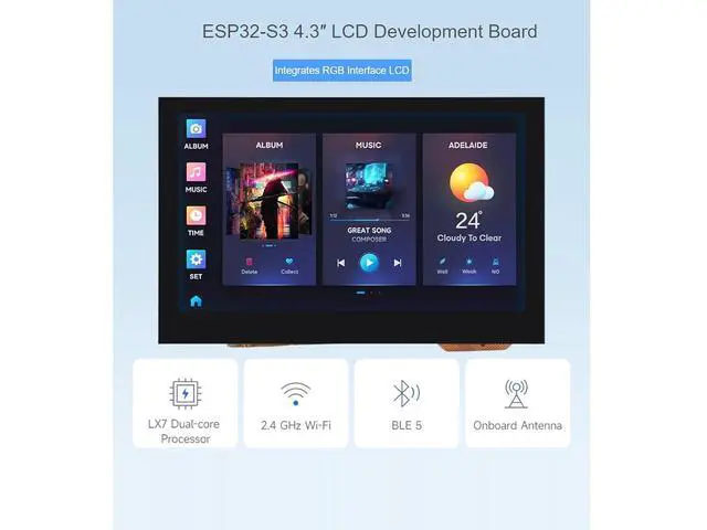 Alt view image 2 of 7 - ESP32-S3 4.3inch LCD Display Development Board with 2.4GHz WiFi and BLE 5 Support,32-bit LX7 Dual-core Processor,Onboard CAN, RS485, I2C Interface