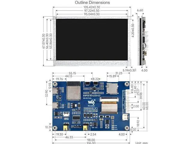 Alt view image 7 of 7 - ESP32-S3 4.3inch LCD Display Development Board with 2.4GHz WiFi and BLE 5 Support,32-bit LX7 Dual-core Processor,Onboard CAN, RS485, I2C Interface