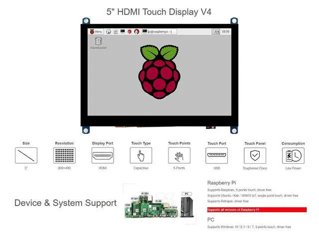 Alt view image 3 of 7 - 5 inch Capacitive Touch Screen TFT LCD Display Toughened Glass Panel 800x480 5inch HDMI H V4 LCD for Raspberry Pi 4B/3B+/3B/Zero/Zero W WH,PC,Support VariousSystems