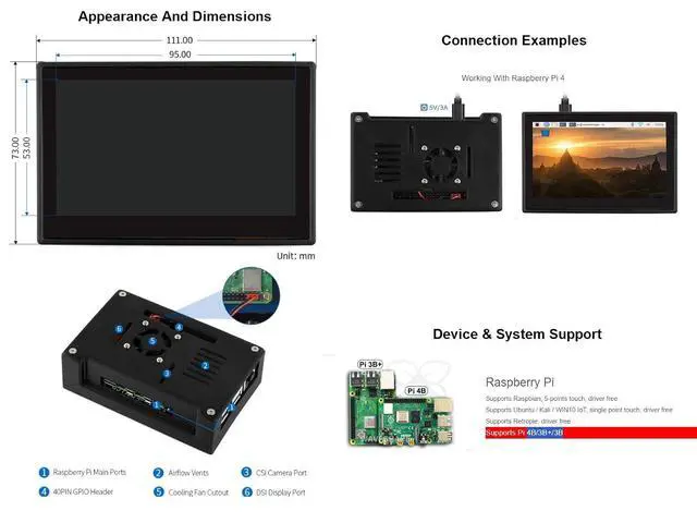 Alt view image 7 of 7 - 4.3inch DSI LCD Capacitive Touch Display with Protection Case for Raspberry Pi 4 B,800×480 Resolution IPS Screen Wide Angle,MIPI DSI Interface