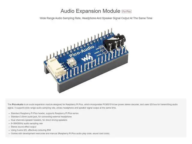 Alt view image 4 of 7 - Audio Module Expansion Board for Raspberry Pi Pico,Incorporates PCM5101A Low Power Stereo Decoder,I2S Bus,Dual Channels Speaker Headers, 3.5mm Audio Jack,Headphone Speaker Output Concurrently
