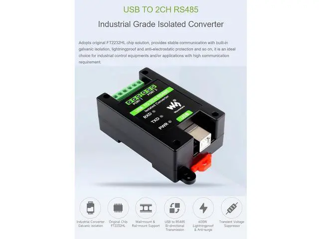 Alt view image 2 of 7 - USB to 2CH RS485 Isolated ConverterIndustrial Grade USB to RS485 Adapter Onboard Original FT2232HL Chip,Supports Win11/10/8.1/8/7, MacOS, Linux, Android,Transmission Distance Up to 1.2km,