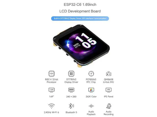 Alt view image 2 of 7 - ESP32-C6 1.69inch LCD Development Board 240×280 Pixels 262K Color IPS Display Supports Wi-Fi 6 / BLE 5 and AI Voice Interaction