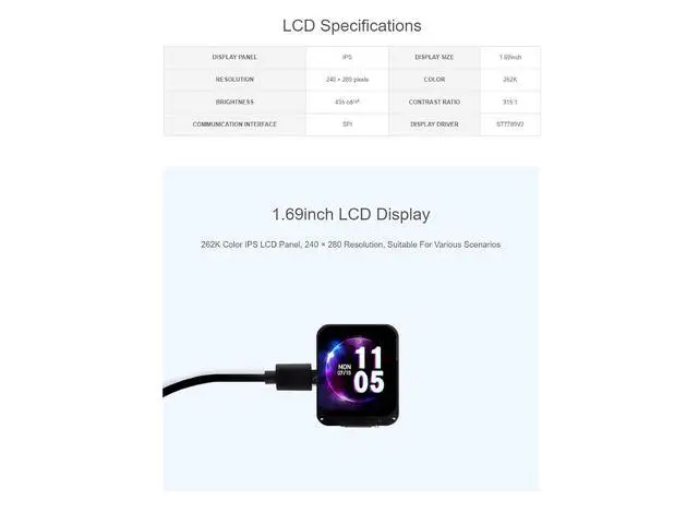 Alt view image 3 of 7 - ESP32-C6 1.69inch LCD Development Board 240×280 Pixels 262K Color IPS Display Supports Wi-Fi 6 / BLE 5 and AI Voice Interaction