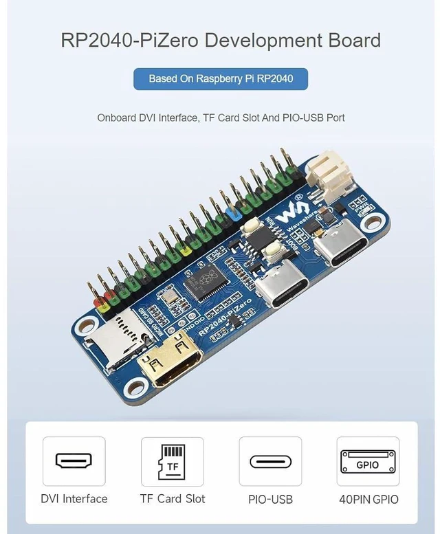 Alt view image 2 of 7 - RP2040-PiZero Development Board Based On Raspberry Pi RP2040 Microcontroller,264KB SRAM and 16MB Onboard Flash Memory,DVI Interface, TF Card Slot and PIO-USB Port