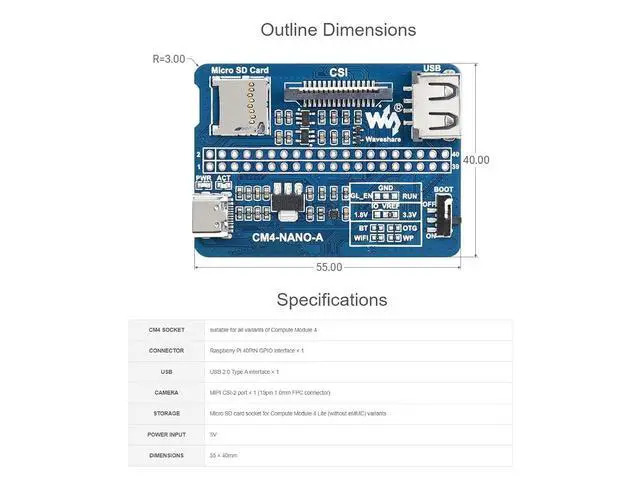 Alt view image 7 of 7 - Nano Base Board (A) for Raspberry Pi Compute Module 4 Lite/eMMC,Same Size As The CM4,with Raspberry Pi 40PIN GPIO Interface,USB 2.0 Type A,MIPI CSI-2 Port