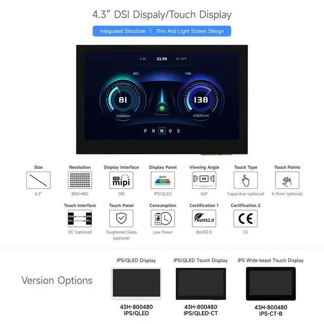 Alt view image 4 of 7 - 4.3inch DSI Display, 800 × 480 Resolution, IPS, Compatible with Raspberry Pi 4B/3B+/3A+/3B/2B/B+/A+, CM3/3+/4, Touch Version