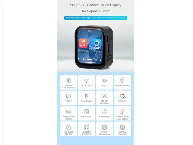 Alt view image 2 of 7 - ESP32-S3 1.83inch Touch Display Development Board,240 × 284 Pixels 65K Color IPS LCD,Support Wi-Fi and BLE 5,Supports Offline Speech Recognition and AI Speech Interaction