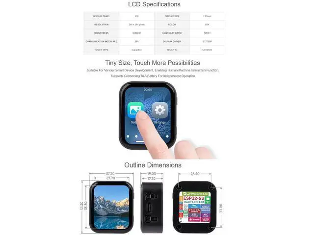 Alt view image 7 of 7 - ESP32-S3 1.83inch Touch Display Development Board,240 × 284 Pixels 65K Color IPS LCD,Support Wi-Fi and BLE 5,Supports Offline Speech Recognition and AI Speech Interaction