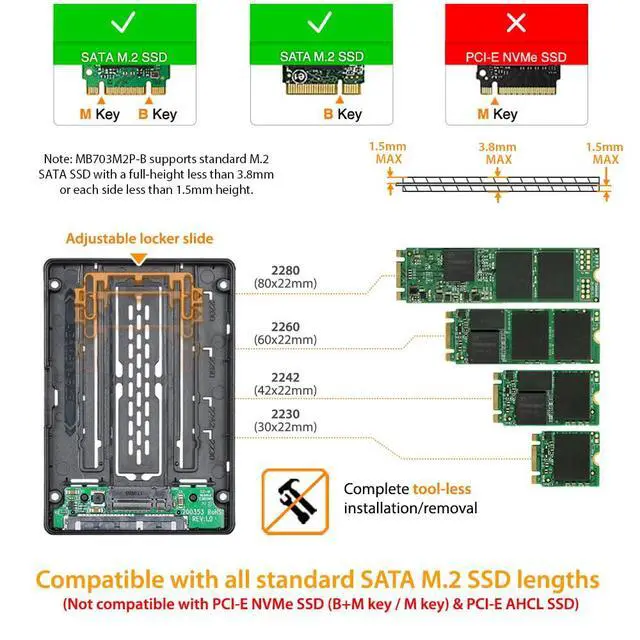 Alt view image 2 of 7 - M.2 SATA SSD to 2.5 inch SATA III SSD Enclosure Adapter Tool Free | EZConvert MB703M2P-B