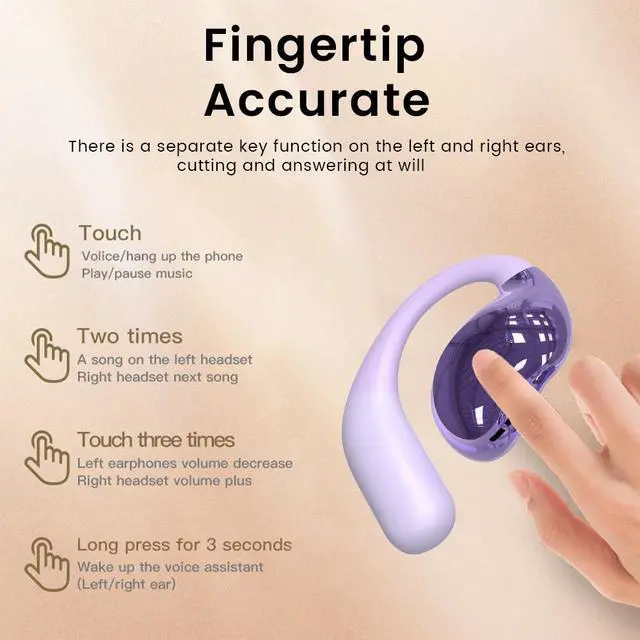 Alt view image 6 of 7 - Open Ear Earbuds Ultra Comfort Wireless Bluetooth 5.4 Headphones Over The Ear Earbuds with Intelligent Touch Screen EarHooks IPX7 Waterproof Bone Conduction Earphones for Fitness Sports-Purple