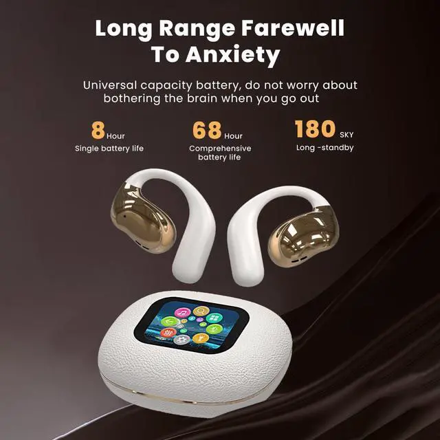 Alt view image 5 of 7 - Open Ear Earbuds Ultra Comfort Wireless Bluetooth 5.4 Headphones Over The Ear Earbuds with Intelligent Touch Screen EarHooks IPX7 Waterproof Bone Conduction Earphones for Fitness Sports-OFF WHITE