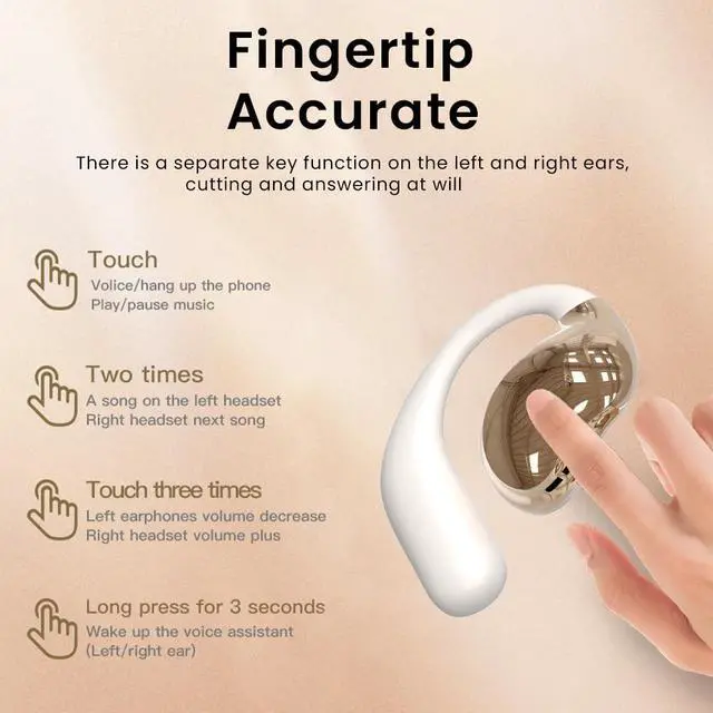 Alt view image 6 of 7 - Open Ear Earbuds Ultra Comfort Wireless Bluetooth 5.4 Headphones Over The Ear Earbuds with Intelligent Touch Screen EarHooks IPX7 Waterproof Bone Conduction Earphones for Fitness Sports-OFF WHITE