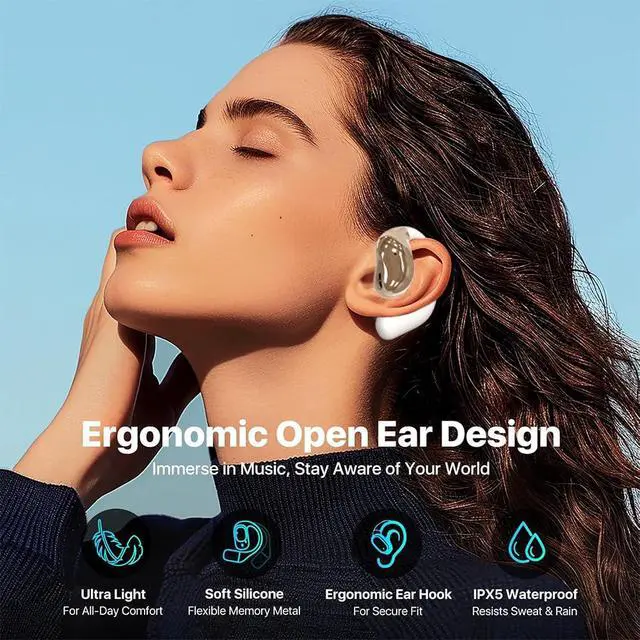 Alt view image 7 of 7 - Open Ear Earbuds Ultra Comfort Wireless Bluetooth 5.4 Headphones Over The Ear Earbuds with Intelligent Touch Screen EarHooks IPX7 Waterproof Bone Conduction Earphones for Fitness Sports-OFF WHITE