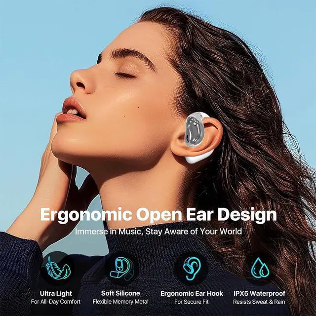 Alt view image 7 of 7 - Open Ear Earbuds Ultra Comfort Wireless Bluetooth 5.4 Headphones Over The Ear Earbuds with Intelligent Touch Screen EarHooks IPX7 Waterproof Bone Conduction Earphones for Fitness Sports-White