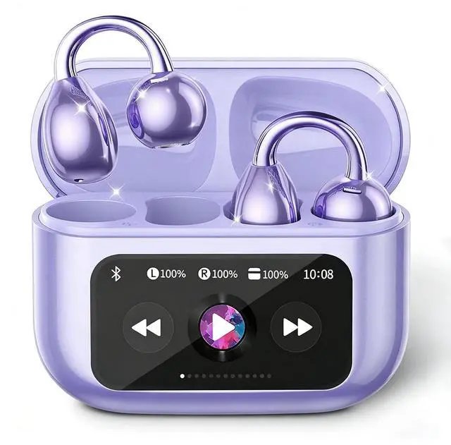 Main image of Clip-on Earbuds, Open Ear Earbuds with LCD Touchscreen Wireless Bluetooth 5.4, Lightweight M100 Open Ear Headphones with C-Shaped Bridge, Slim Hook,48H Battery, for Sports, Fitness (Purple)