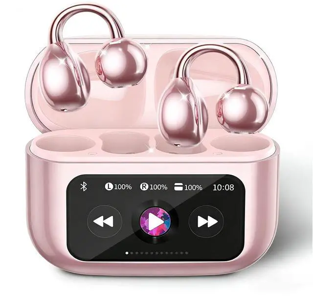 Main image of Clip-on Earbuds Open Ear Buds M100 Touchscreen Wireless Bluetooth | LCD Lightweight Headphones with C-Shaped Bridge, Slim Hook,48H Battery, for Glass Wearer,Sports, Fitness (Rose Gold)