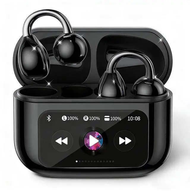 Main image of Clip-on Earbuds Open Ear Buds M100 Touchscreen Wireless Bluetooth | LCD Lightweight Headphones with C-Shaped Bridge, Slim Hook,48H Battery, for Glass Wearer,Sports, Fitness (Black)