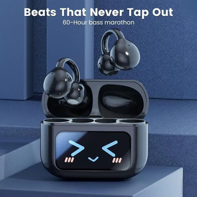 Alt view image 4 of 7 - Clip-on Earbuds Open Ear Buds M100 Touchscreen Wireless Bluetooth | LCD Lightweight Headphones with C-Shaped Bridge, Slim Hook,48H Battery, for Glass Wearer,Sports, Fitness (Black)