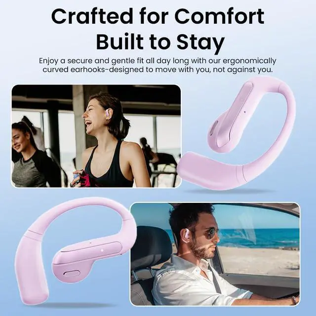 Alt view image 5 of 7 - Open Ear Bluetooth 5.3 Earbuds, Wireless Headphones Sport Over Earphones Built-in Mic with Ear Hooks, 58H Playtime Ear Buds Fast Charging, IPX7 Waterproof for Running/WorkoutPurple