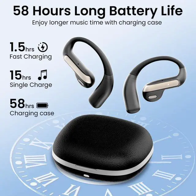 Alt view image 2 of 7 - Open Ear Bluetooth 5.3 Earbuds, Wireless Headphones Sport Over Earphones Built-in Mic with Ear Hooks, 58H Playtime Ear Buds Fast Charging, IPX7 Waterproof for Running/Workout-Black