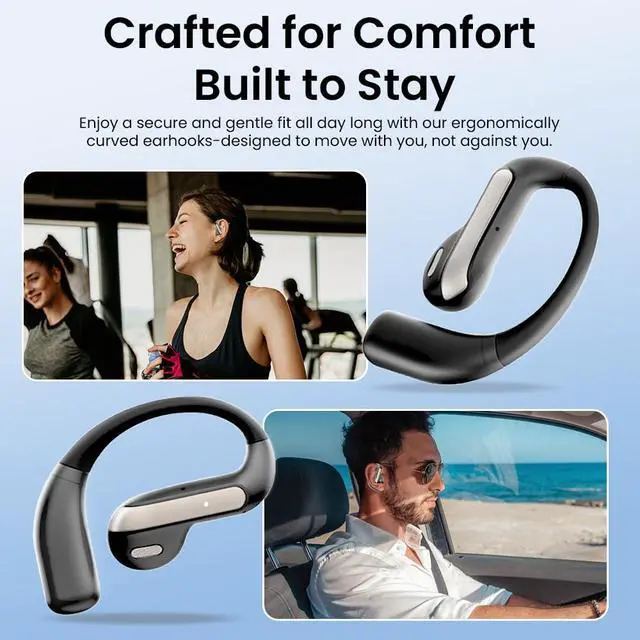 Alt view image 5 of 7 - Open Ear Bluetooth 5.3 Earbuds, Wireless Headphones Sport Over Earphones Built-in Mic with Ear Hooks, 58H Playtime Ear Buds Fast Charging, IPX7 Waterproof for Running/Workout-Black