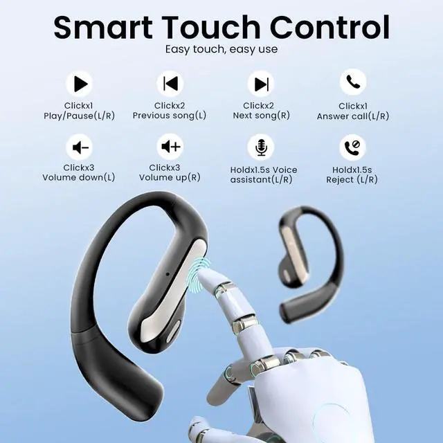 Alt view image 3 of 7 - Open Ear Bluetooth 5.3 Earbuds, Wireless Headphones Sport Over Earphones Built-in Mic with Ear Hooks, 58H Playtime Ear Buds Fast Charging, IPX7 Waterproof for Running/Workout-Black